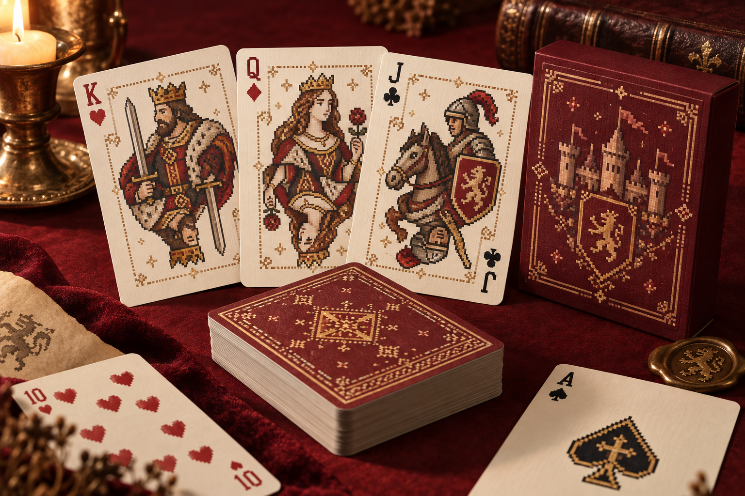 Ivory playing cards with pixel-art court characters and a crimson deck box